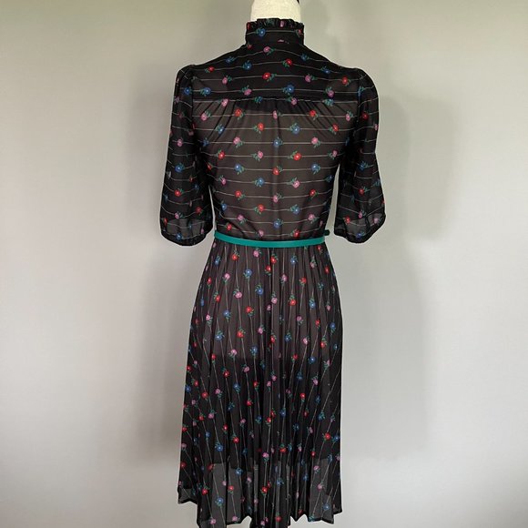 Authentic Vintage Black Floral Mid-Sleeve Pleated Dress - Picture 5 of 7